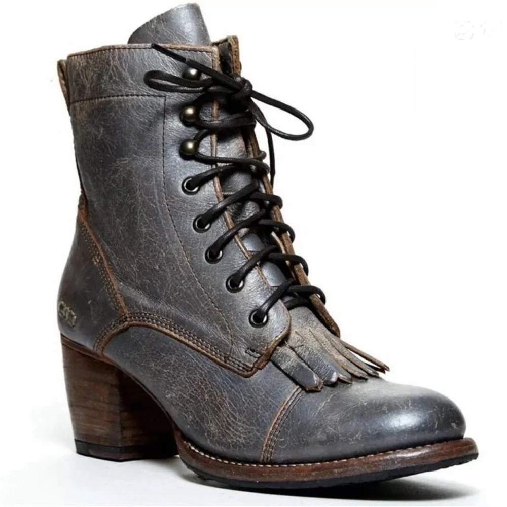 Bed Stu Finis Distressed Grey Lux Kiltie lace up boot - Picture 2 of 8